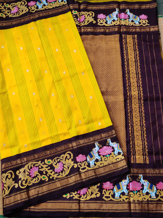 Yellow Colour Gadwal Silk Saree With Checks & Zari Butta All Over Code : GA008