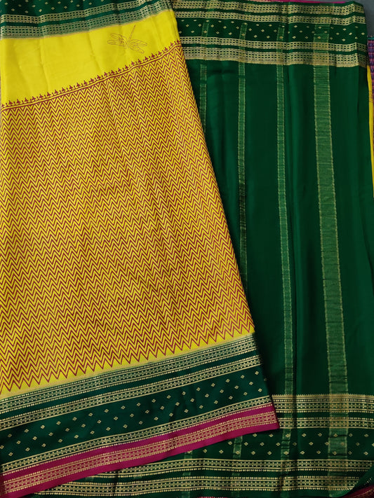 Lemon Yellow Colour Mysore Crepe Silk Saree With Raising Hand Block Print All Over Code : KA0207