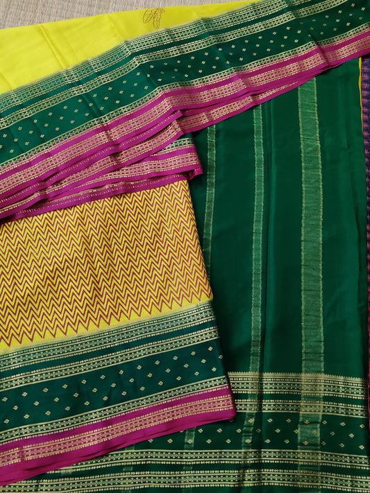 Lemon Yellow Colour Mysore Crepe Silk Saree With Raising Hand Block Print All Over Code : KA0207