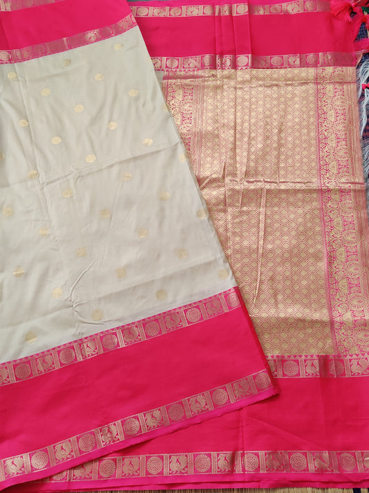 Cream Colour Semi Banarasi Saree With Zari Butta All Over Code : VB0293