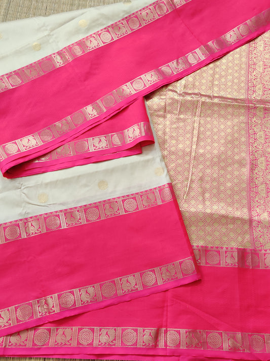 Cream Colour Semi Banarasi Saree With Zari Butta All Over Code : VB0293