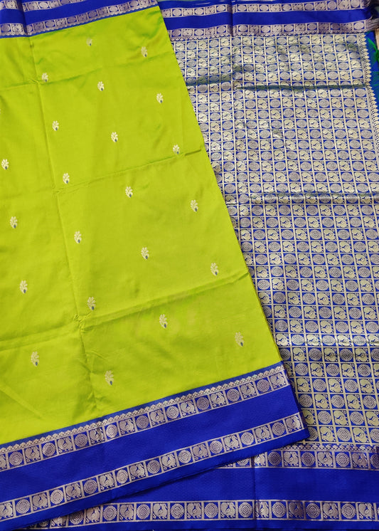 Parrot Green Colour Semi Banarasi Saree With Zari Butta All Over Code : VB0291