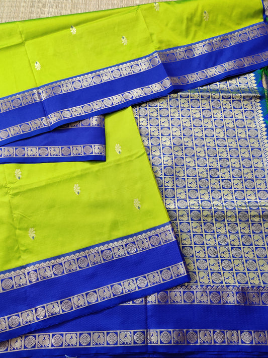 Parrot Green Colour Semi Banarasi Saree With Zari Butta All Over Code : VB0291