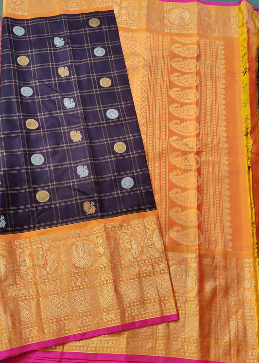 Dark Brown Colour Gadwal Silk Saree With Gold & Silver Zari Butta All Over : GA009