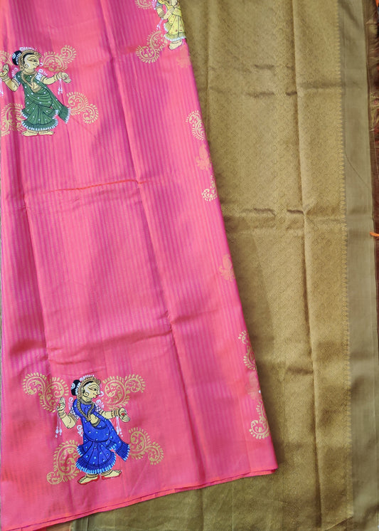 Dual Tone Orange Colour Kanchivaram Silk Saree With Zari & Pattachitra Hand Painting All Over Code : KA0214