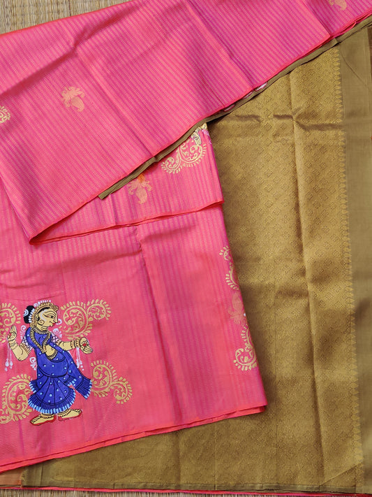Dual Tone Orange Colour Kanchivaram Silk Saree With Zari & Pattachitra Hand Painting All Over Code : KA0214