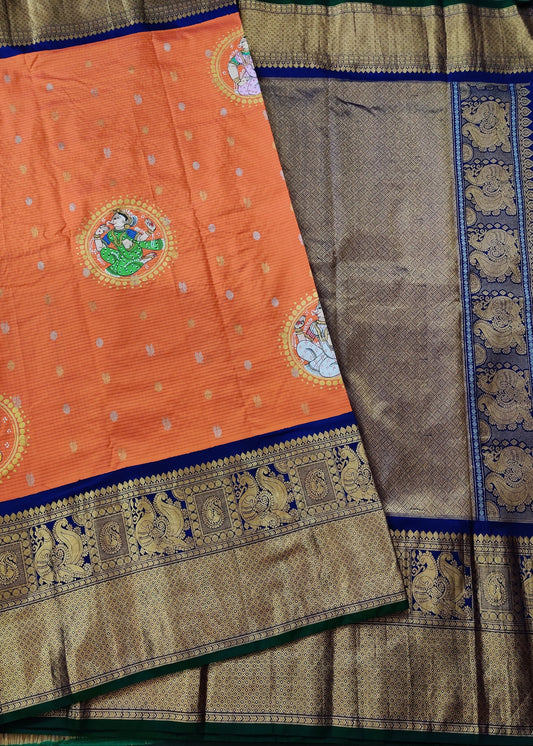 Orange Colour Gadwal Silk Saree With Zari & Pattachitra Hand Painting All Over Code : GA010