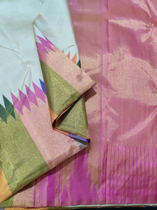 Cream colour kanchivaram silk saree with plain body Code :KA0212
