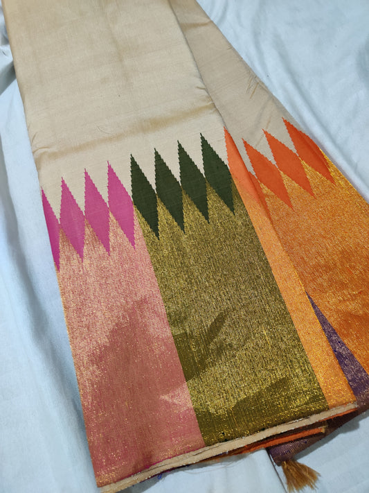 Cream colour kanchivaram silk saree with plain body Code :KA0212