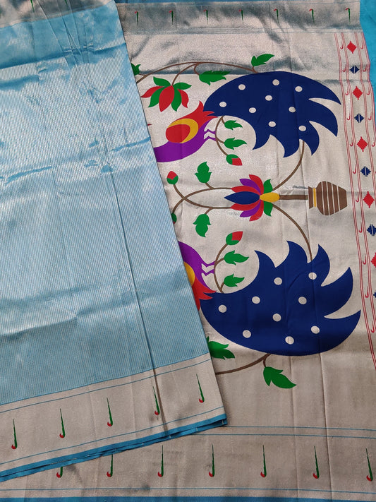 Sky Blue Colour Semi Paithani Saree With Zari Brocade All Over Code : VB0299