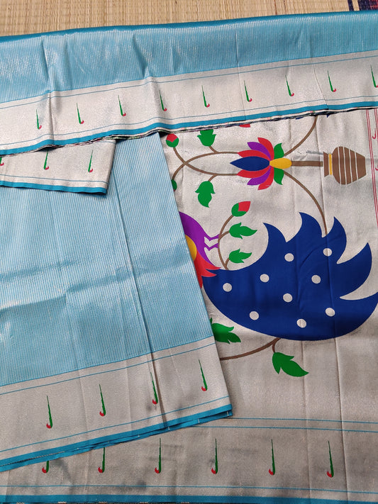 Sky Blue Colour Semi Paithani Saree With Zari Brocade All Over Code : VB0299