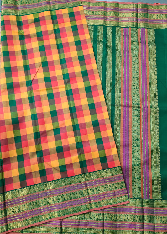 Multi Colour Kanchivaram Silk Saree With Checks All Over Code : KA0234
