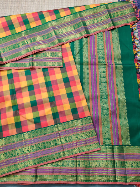 Multi Colour Kanchivaram Silk Saree With Checks All Over Code : KA0234