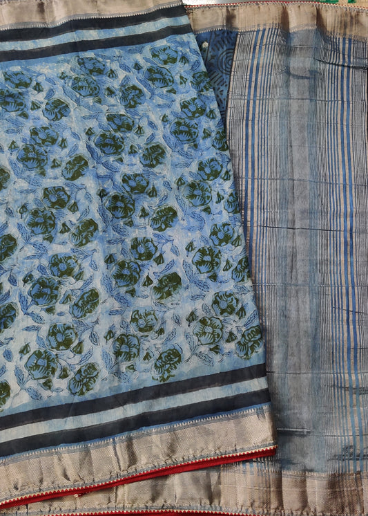 Blueish Grey Colour Chanderi Cotton Saree With Hand Block Print All Over Code : CH004