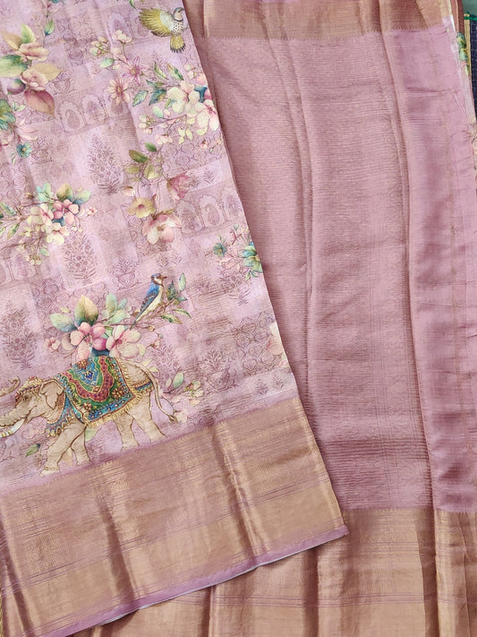 Light Pink Colour Tissue Raw Silk Saree With Digital Print Code : KA0217