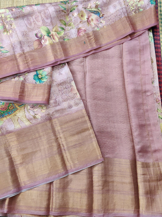 Light Pink Colour Tissue Raw Silk Saree With Digital Print Code : KA0217