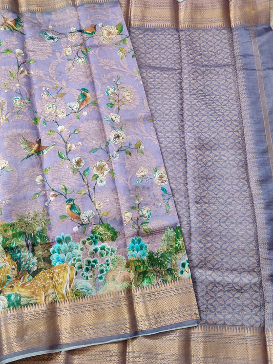 Lavender Colour Tissue Raw Silk Saree With Digital Print Code : KA0219