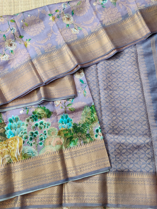 Lavender Colour Tissue Raw Silk Saree With Digital Print Code : KA0219