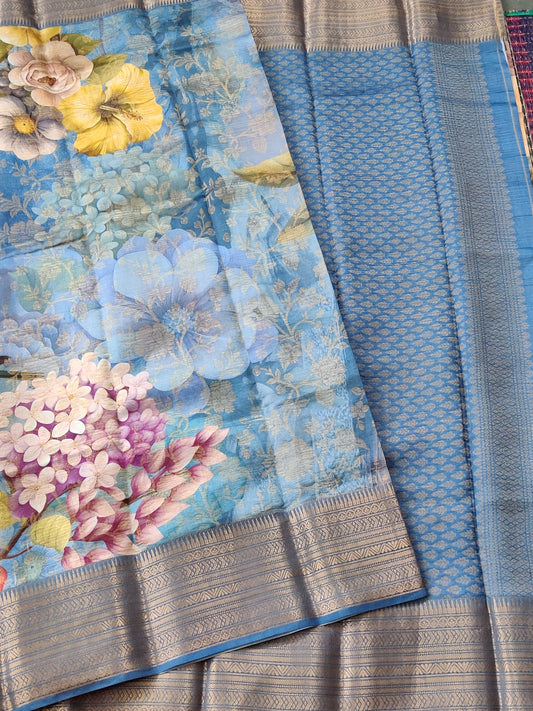 Blue Colour Tissue Raw Silk Saree With Digital Prints All Over Code : 0220
