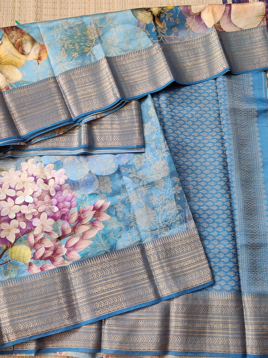 Blue Colour Tissue Raw Silk Saree With Digital Prints All Over Code : 0220