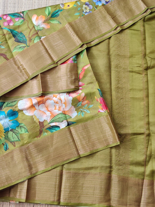 Mehandi Green Colour Tissue Raw Silk Saree With Digital Prints All Over Code : KA0222