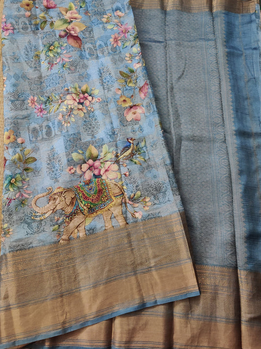 Light Blue Colour Tissue Raw Silk Saree With Digital Prints All Over Code : KA0221