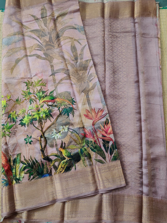 Dark Onion Colour Raw Silk Saree With Digital Print All Over Code : KA0227