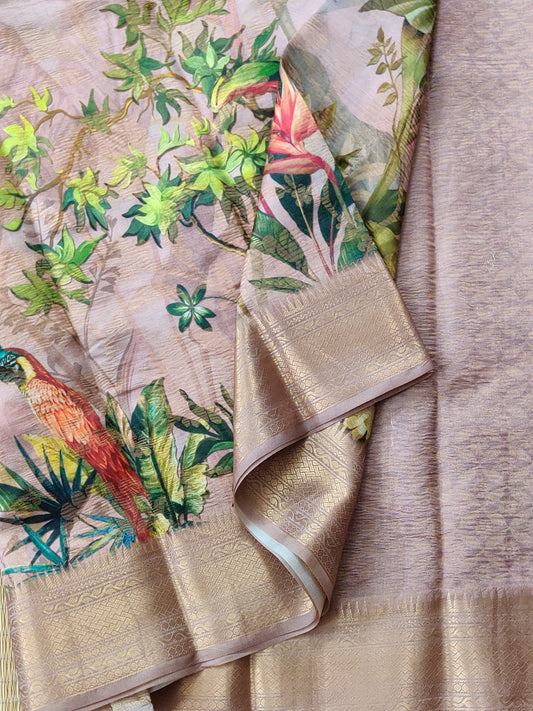 Dark Onion Colour Raw Silk Saree With Digital Print All Over Code : KA0227