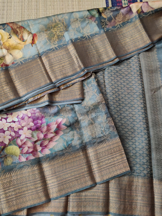 Grey Colour Raw Silk Saree With Digital Print All Over Code : KA0228