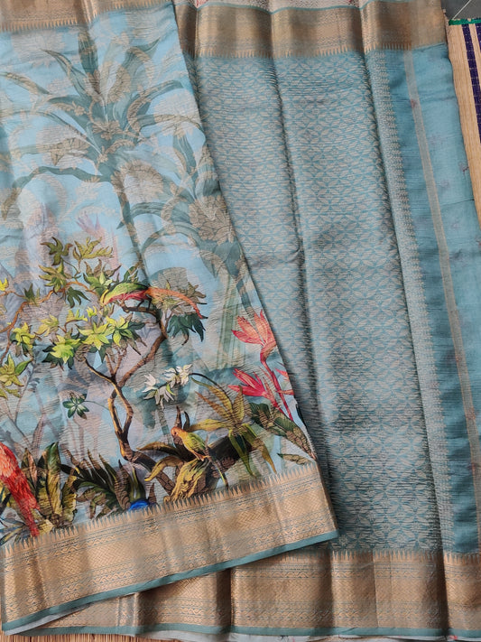 Greyish Blue Colour Raw Silk Saree With Digital Print All Over Code : KA0229