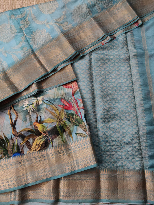 Greyish Blue Colour Raw Silk Saree With Digital Print All Over Code : KA0229