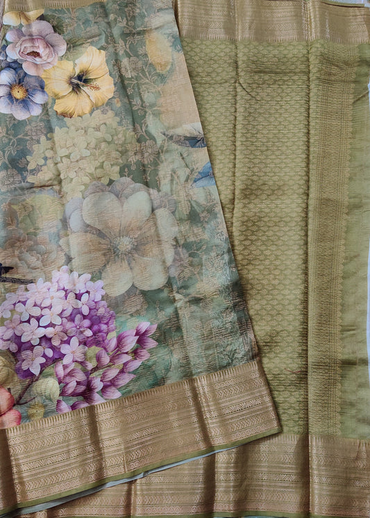 Dark Mehandi Green Colour Raw Silk Saree With Big flower Digital Print All Over Code : KA0224