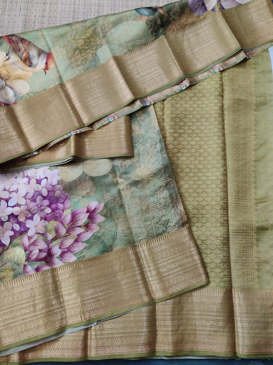 Dark Mehandi Green Colour Raw Silk Saree With Big flower Digital Print All Over Code : KA0224