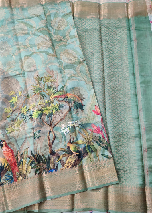 Light Pista Colour Raw Silk Saree With Digital Print All Over Code : KA0223
