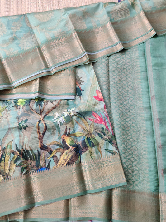 Light Pista Colour Raw Silk Saree With Digital Print All Over Code : KA0223