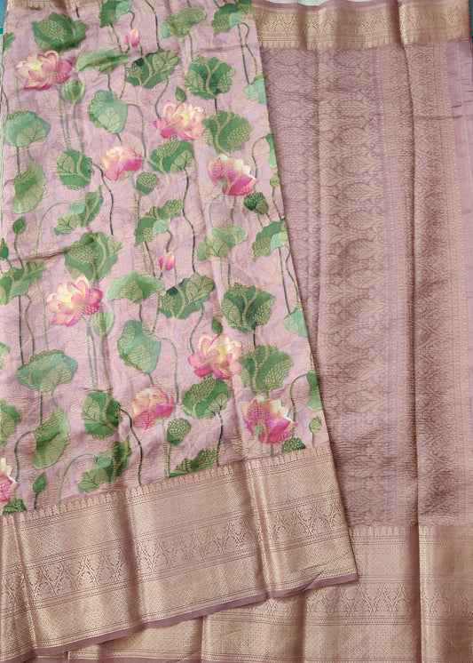 Onion Colour Raw Silk Saree With Digital Print All Over Code : KA0225