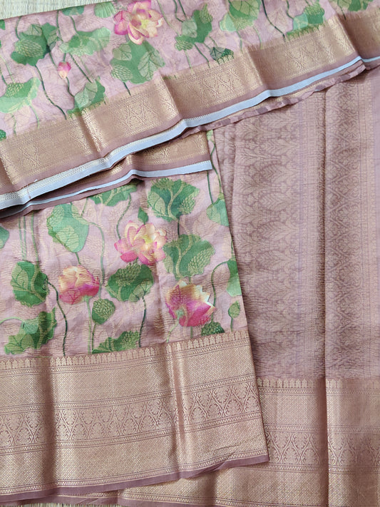 Onion Colour Raw Silk Saree With Digital Print All Over Code : KA0225