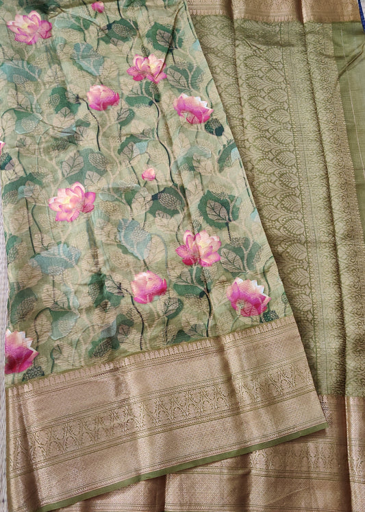Mehandi Green Colour Tissue Raw Silk Saree With Digital Prints All Over Code : KA0226