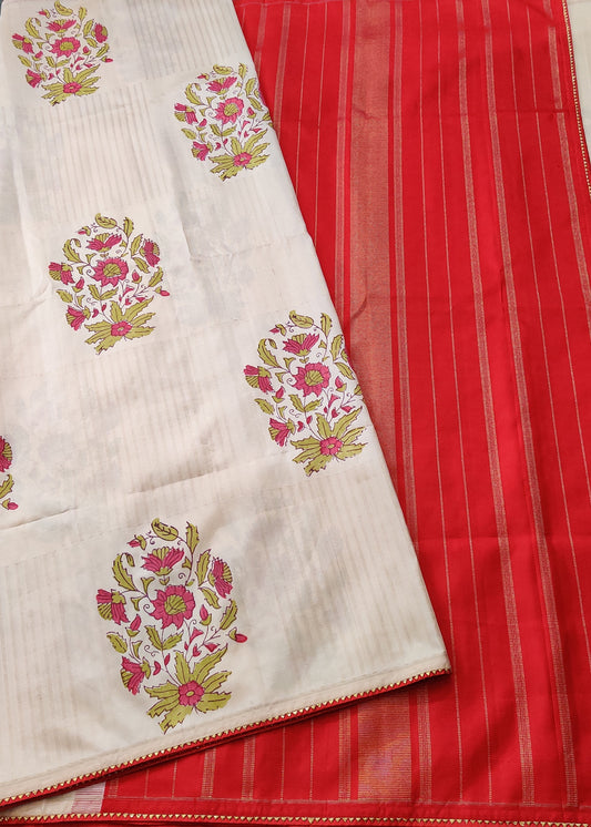 Cream Colour Kanchivaram Silk Saree With Zari & Hand Block Print All Over Code : KA0226