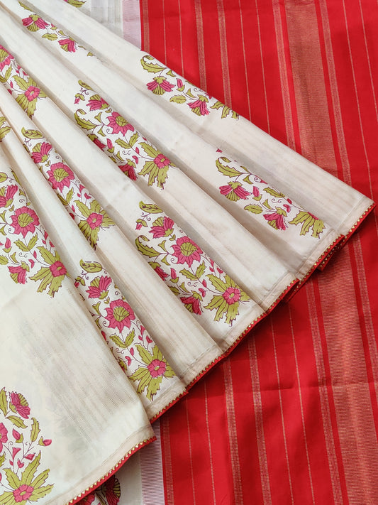 Cream Colour Kanchivaram Silk Saree With Zari & Hand Block Print All Over Code : KA0226
