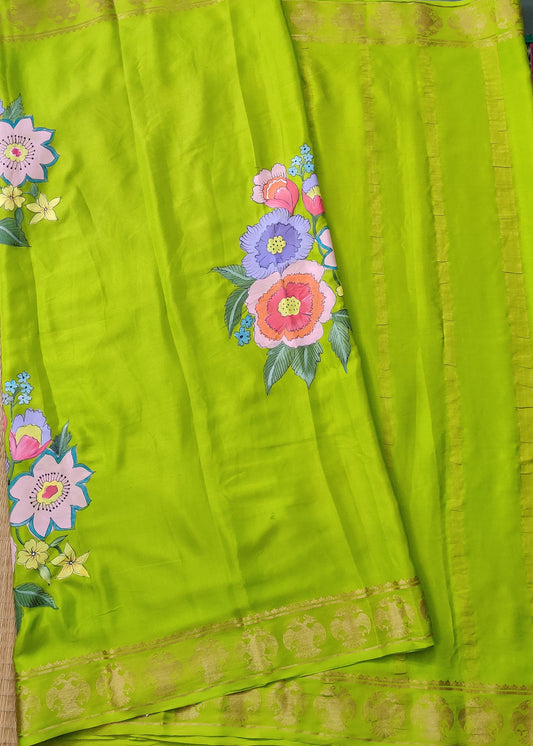 Parrot Green Colour Mysore Crepe Silk Saree With Hand Painting All Over Code : KA0233