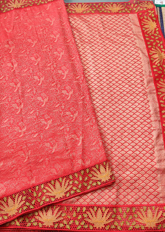 Red Colour Brocade Mysore Crepe Silk Saree With Zari Motif All Over Code : KA0232
