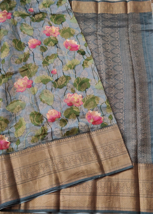 Grey Colour Raw Silk Saree With Digital Print All Over Code : KA0230