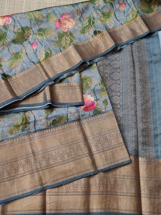 Grey Colour Raw Silk Saree With Digital Print All Over Code : KA0230