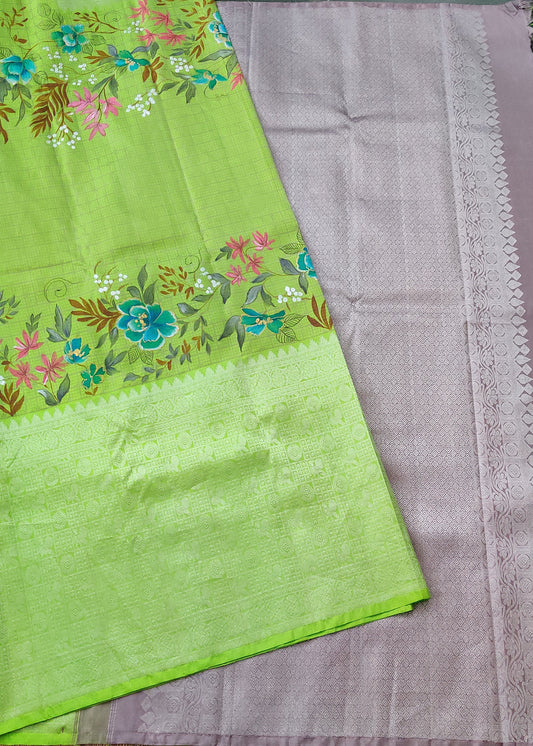 Parrot Green Colour Kanchivaram Silk Saree With Thread Woven Checks & Hand Painting All Over Code : KA0235