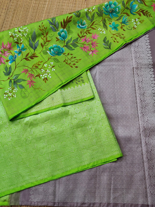 Parrot Green Colour Kanchivaram Silk Saree With Thread Woven Checks & Hand Painting All Over Code : KA0235