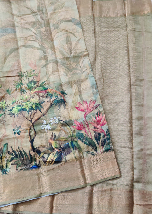 Mehandi Green Colour Tissue Raw Silk Saree With Digital Prints All Over Code : KA0231
