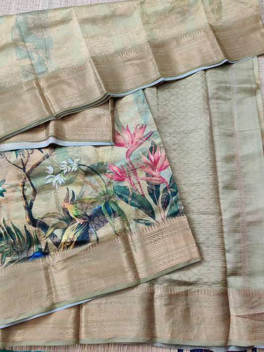Mehandi Green Colour Tissue Raw Silk Saree With Digital Prints All Over Code : KA0231