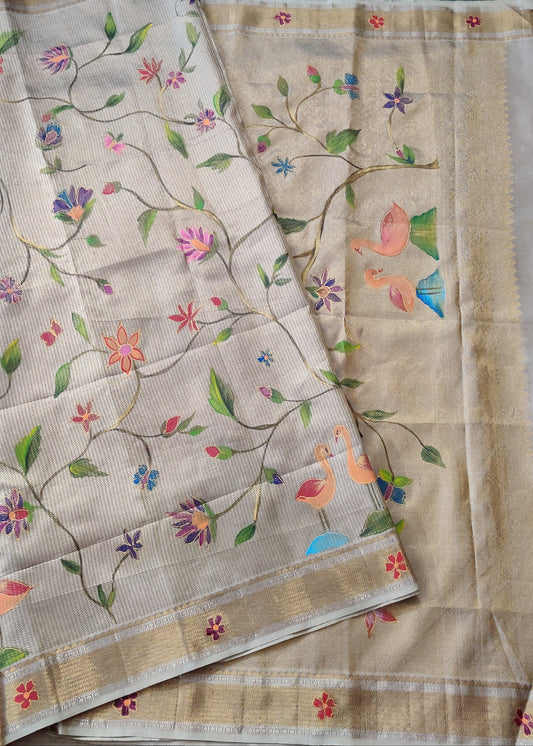 Silverish Gold Colour Kanchivaram Silk Saree With  Hand Painting All Over Code : KA0