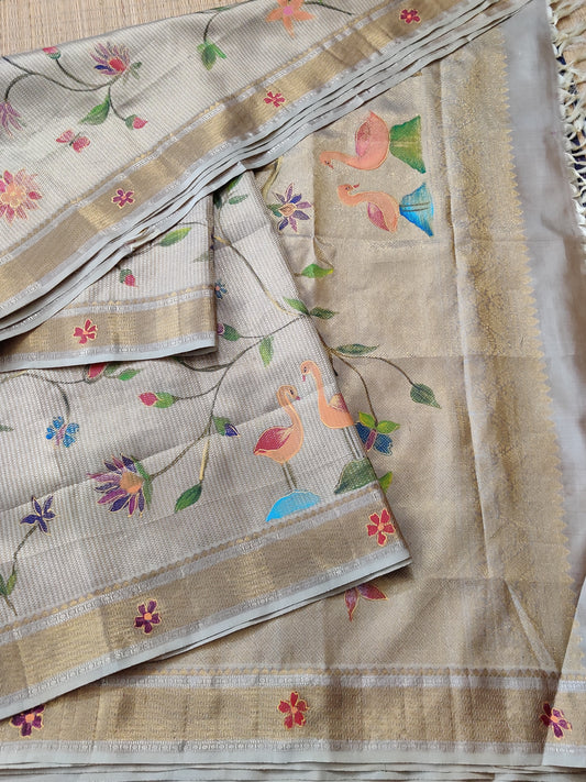 Silverish Gold Colour Kanchivaram Silk Saree With  Hand Painting All Over Code : KA0